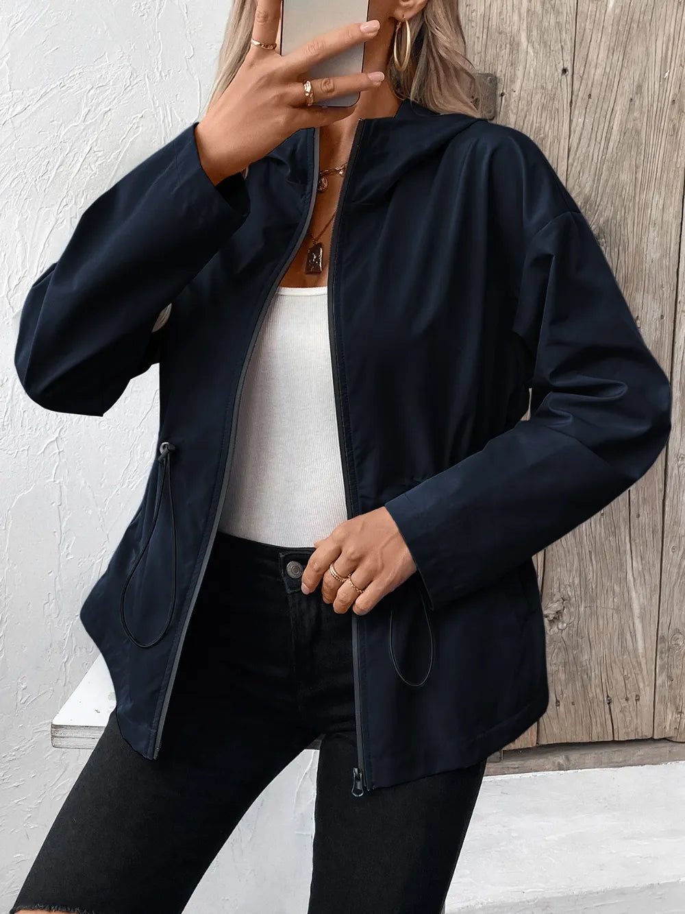 Ivy Lane Drawstring Zip Up Hooded Jacket, view 9