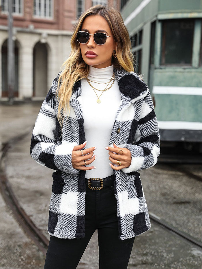 Plaid Collared Neck Button Down Jacket in Black