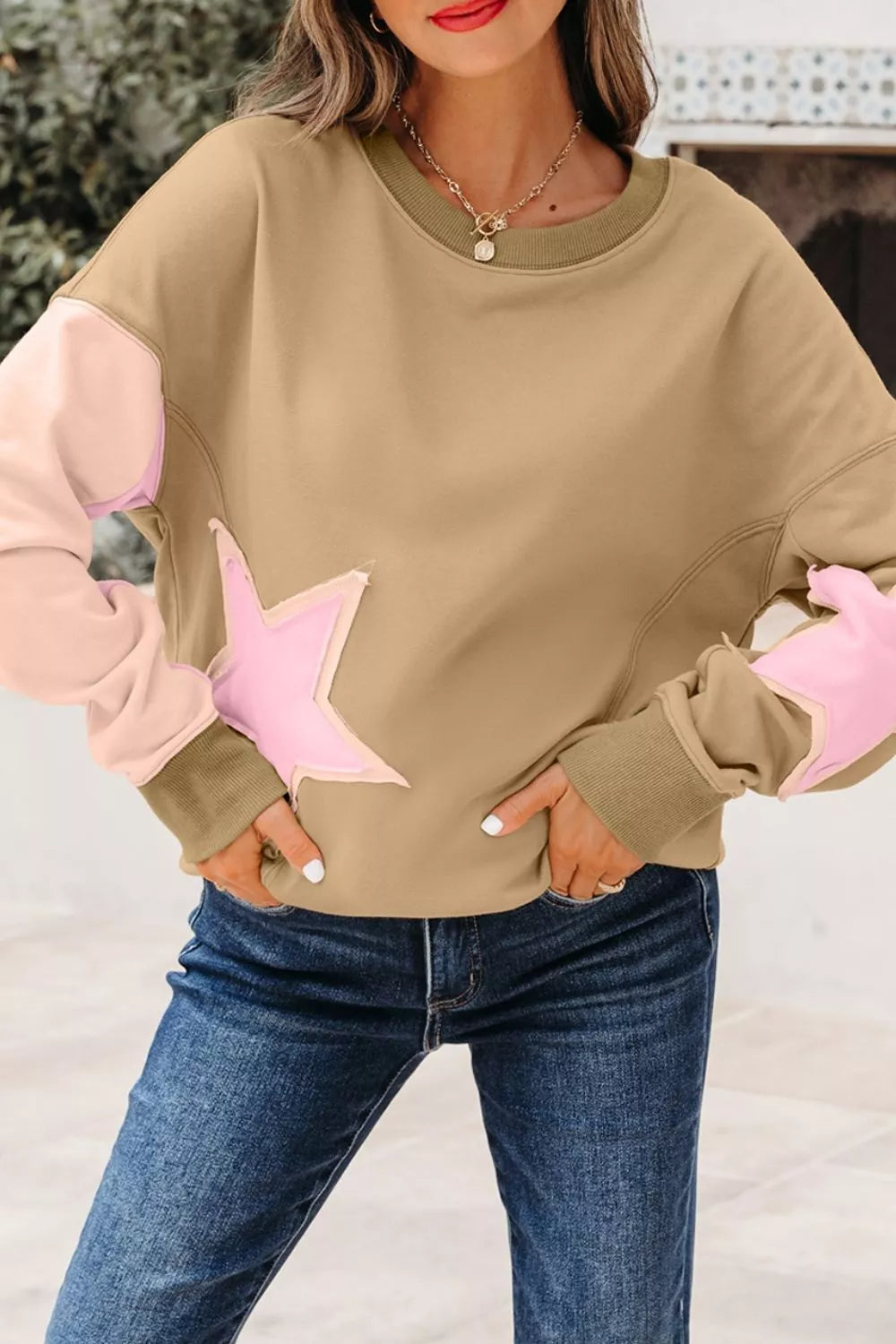 Star Patch Crew Neck Sweatshirt in Tan, view 9