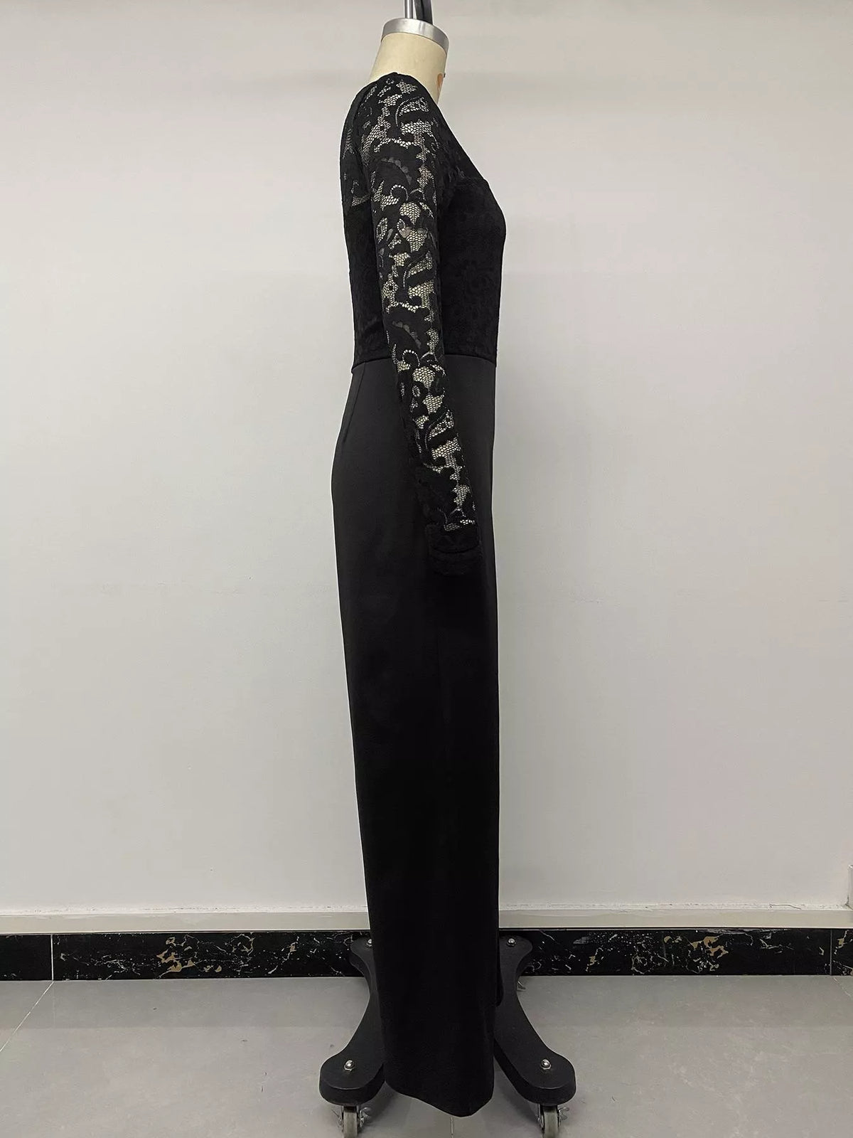 Lace Long Sleeve Wide-Leg Jumpsuit in Black, view 9