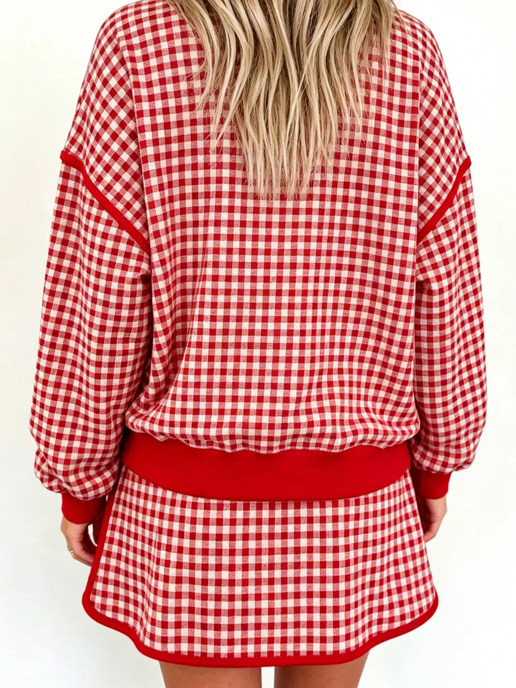 Gingham Plaid Long Sleeve Sweatshirt and Shorts Set - Lilixa.store