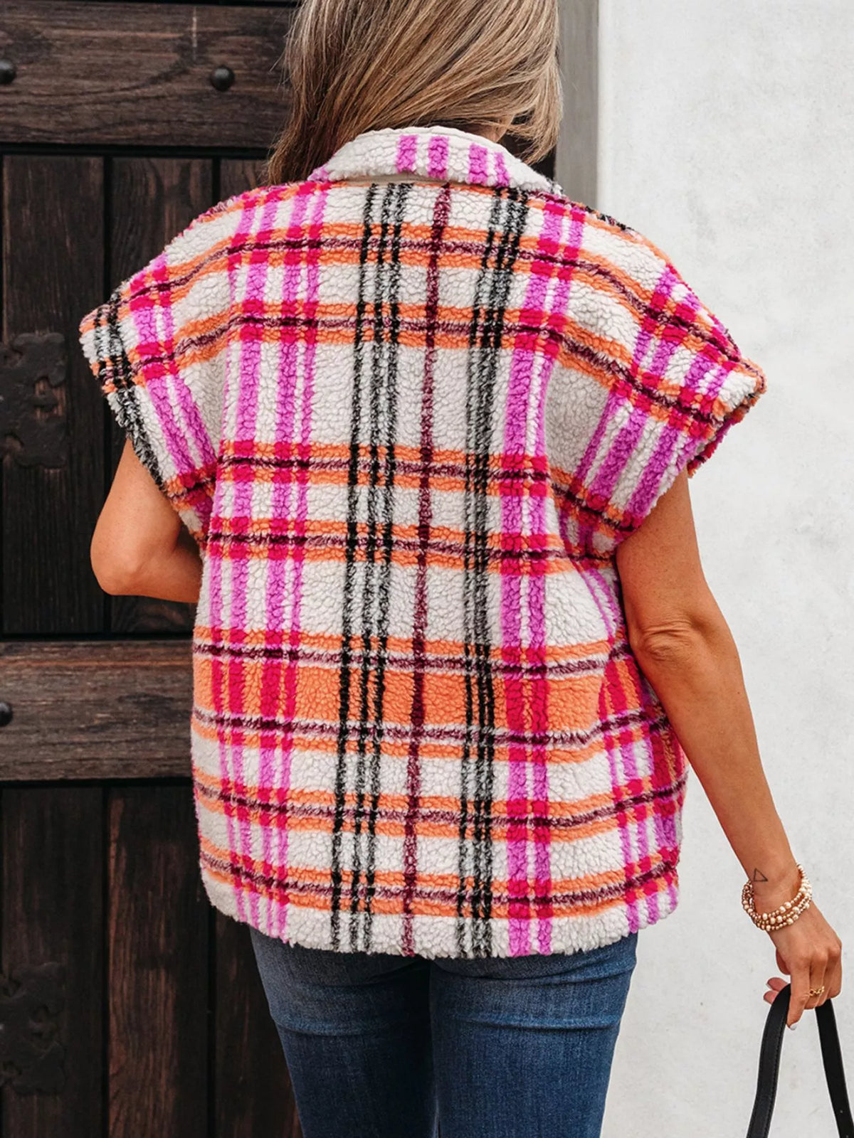 Sherpa Plaid Snap Down Vest Coat - Lilixa.store