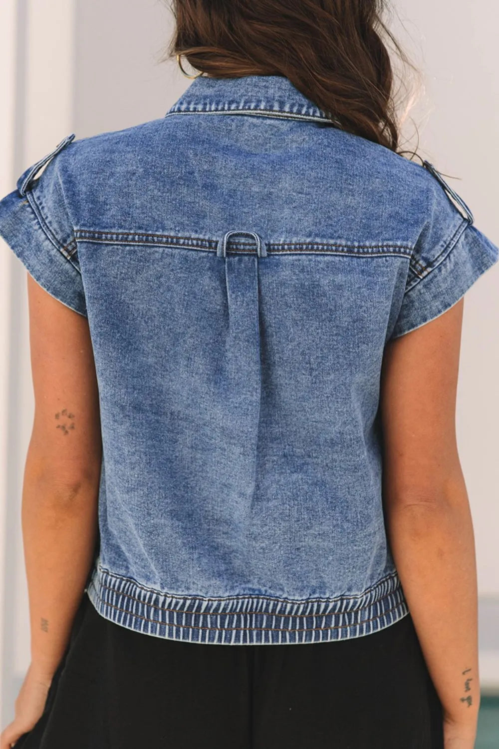 Button Up Cap Sleeve Denim Jacket, view 6