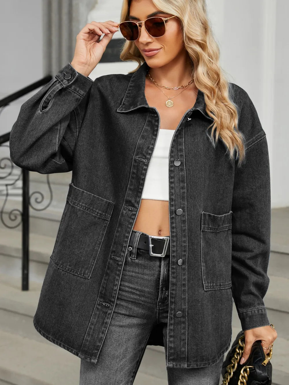 Removable Hood Button Up Long Sleeve Denim Jacket in Black, view 5