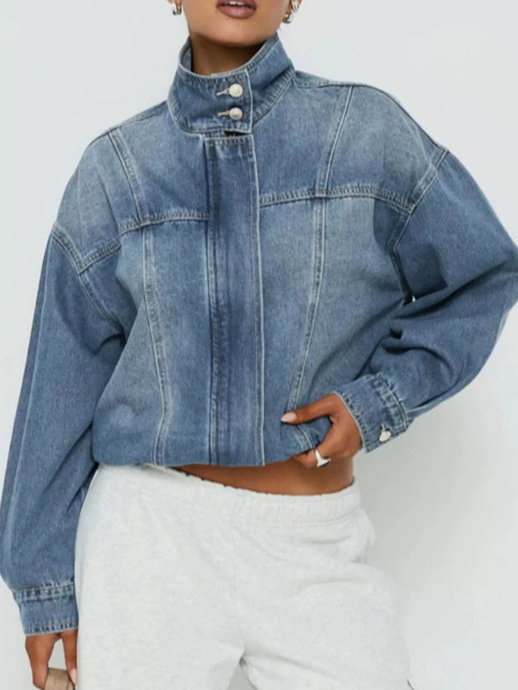 Washed Stand-Up Collar Denim Jacket - Lilixa.store