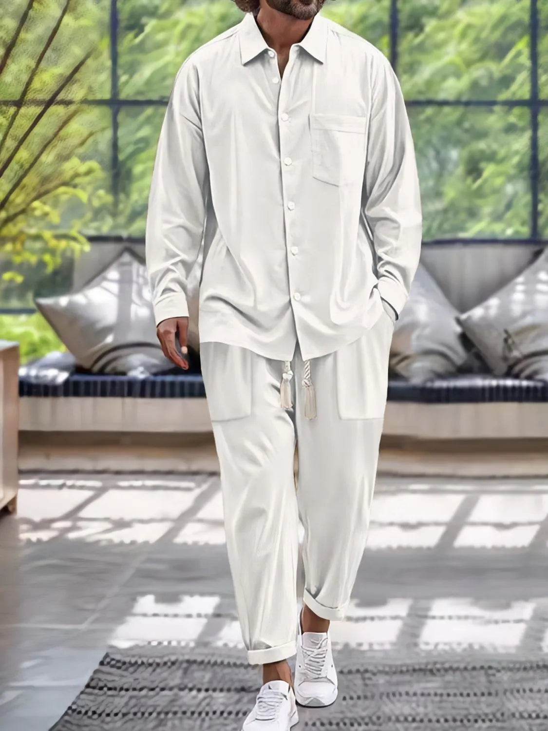 Men's Button Down Long Sleeve Shirt and Pants Set in White