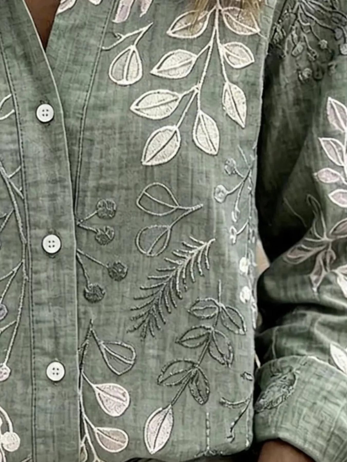 Full Size Leaf Embroidered Button-Down Shirt Plus Size, view 3