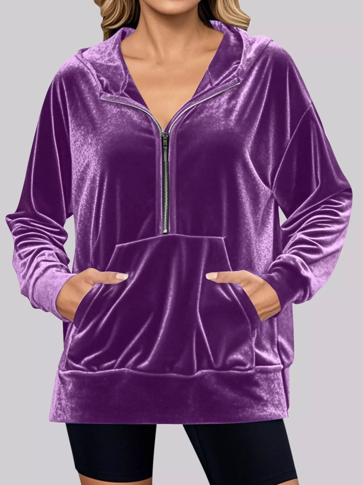 Full Size Velvet Half Zip Hoodie with Kangaroo Pocket Plus Size - Lilixa.store