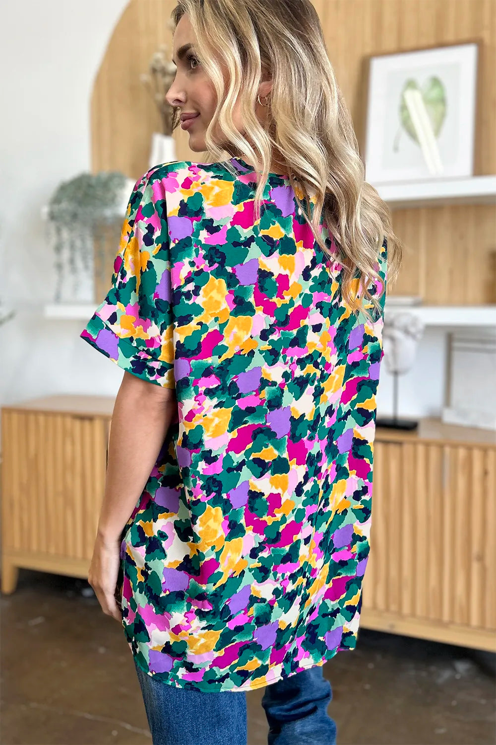 Double Take Full Size Printed V-Neck Short Sleeve Side Slit Top - Lilixa.store