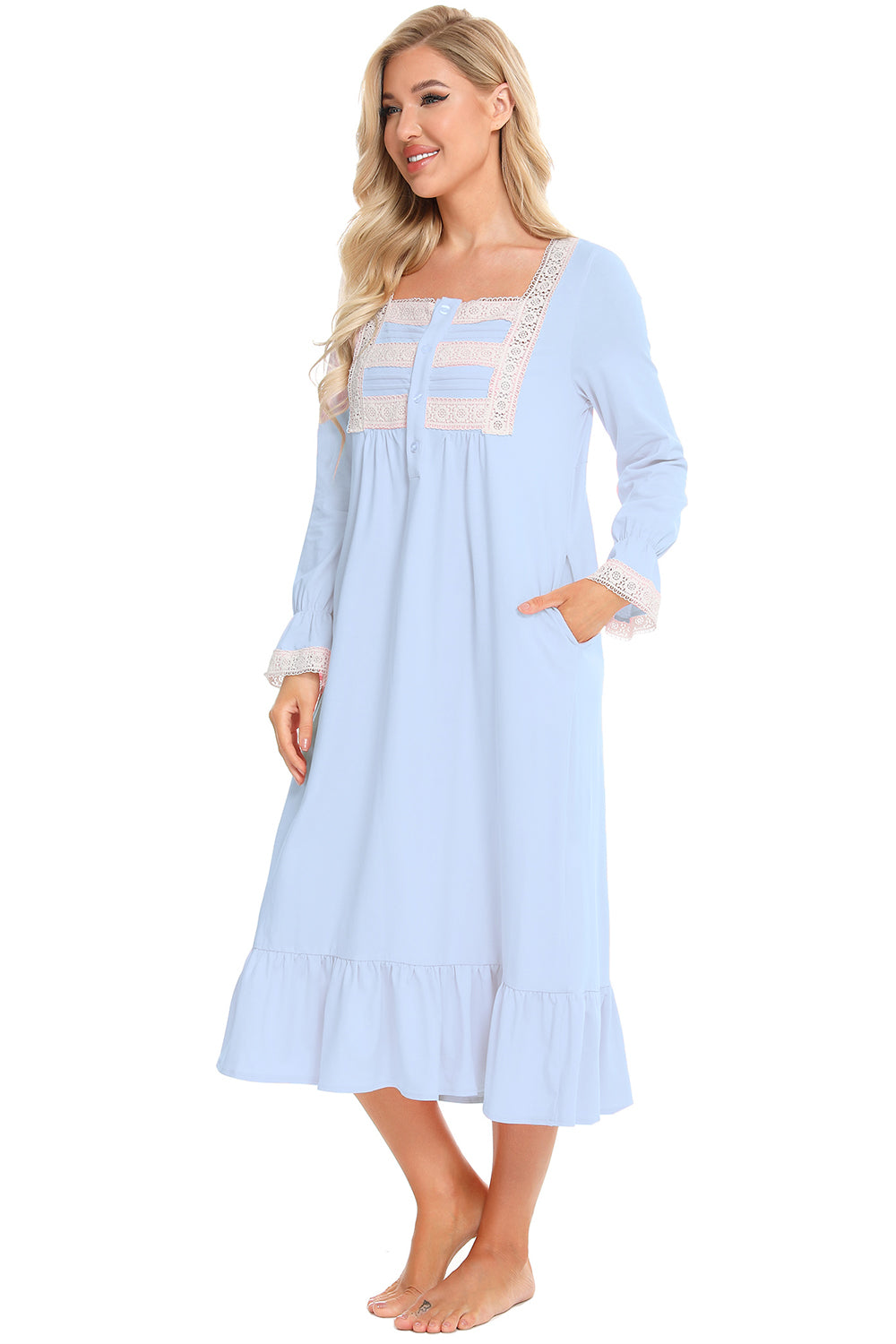 Lace Detail Square Neck Flounce Sleeve Night Dress - Lilixa.store