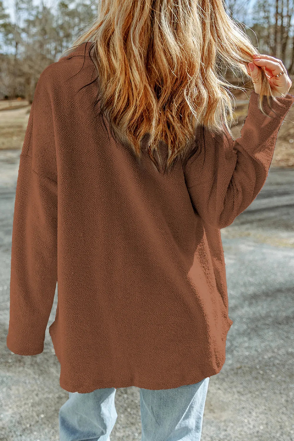 Pocketed Button Up Droppped Shoulder Jacket in Brown, view 3
