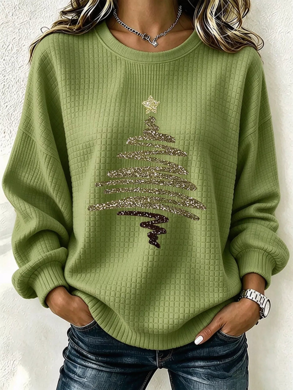 Full Size Festive Christmas Tree Graphic Ribbed Sweatshirt Plus Size in Lime
