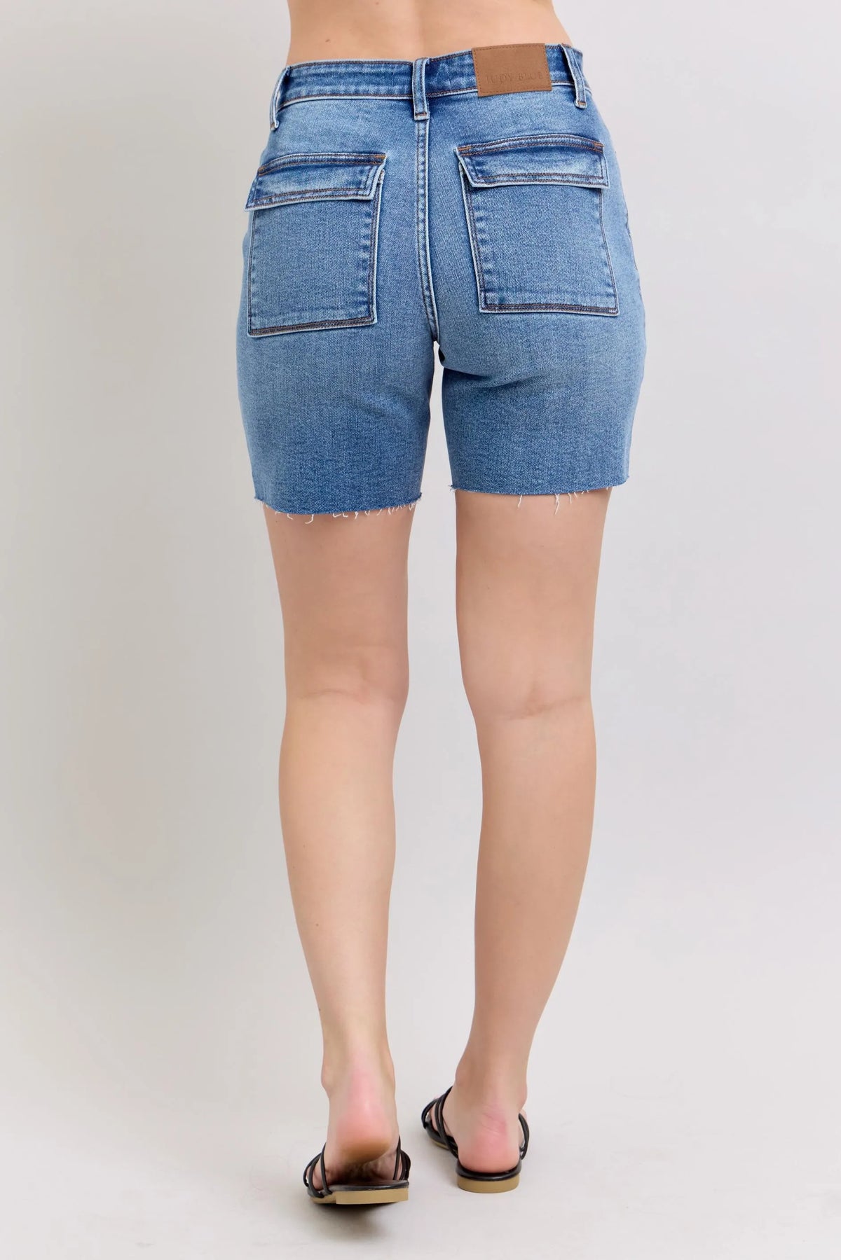 Judy Blue Full Size Mid Rise Bermudas Denim Shorts W/ Back Flap Pockets Plus Size - Lilixa.store