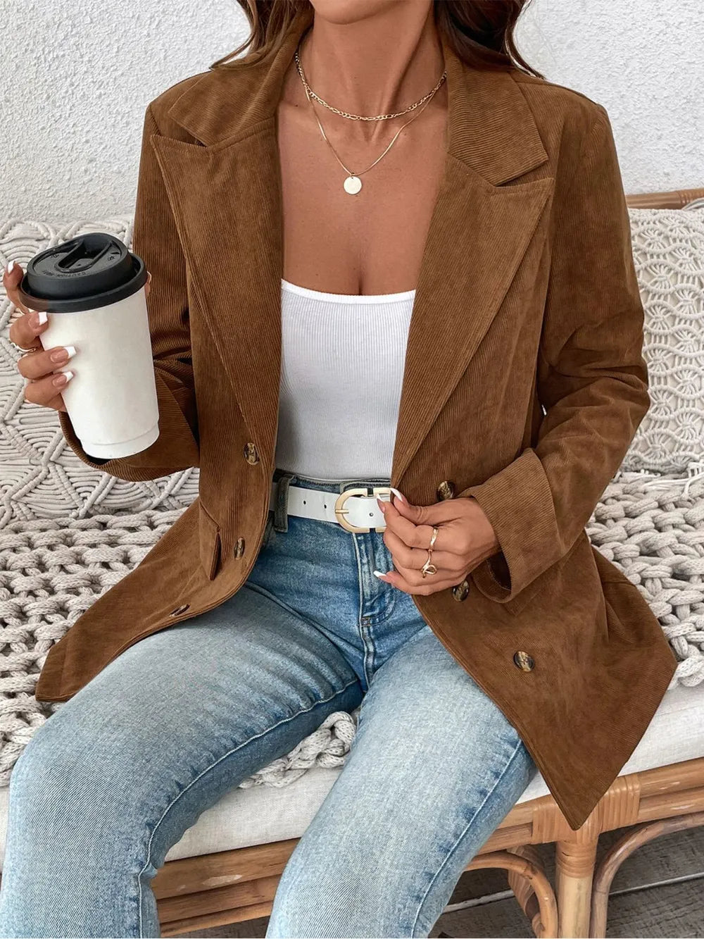 Perfee Decorative Pocket Flap Lapel Collar Long Sleeve Outerwear in Brown, view 6