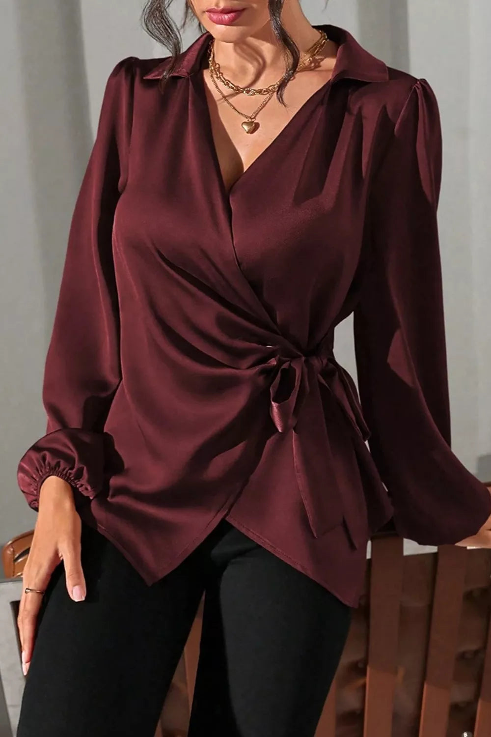 Satin Tied Detail Long Sleeve Blouse, view 10