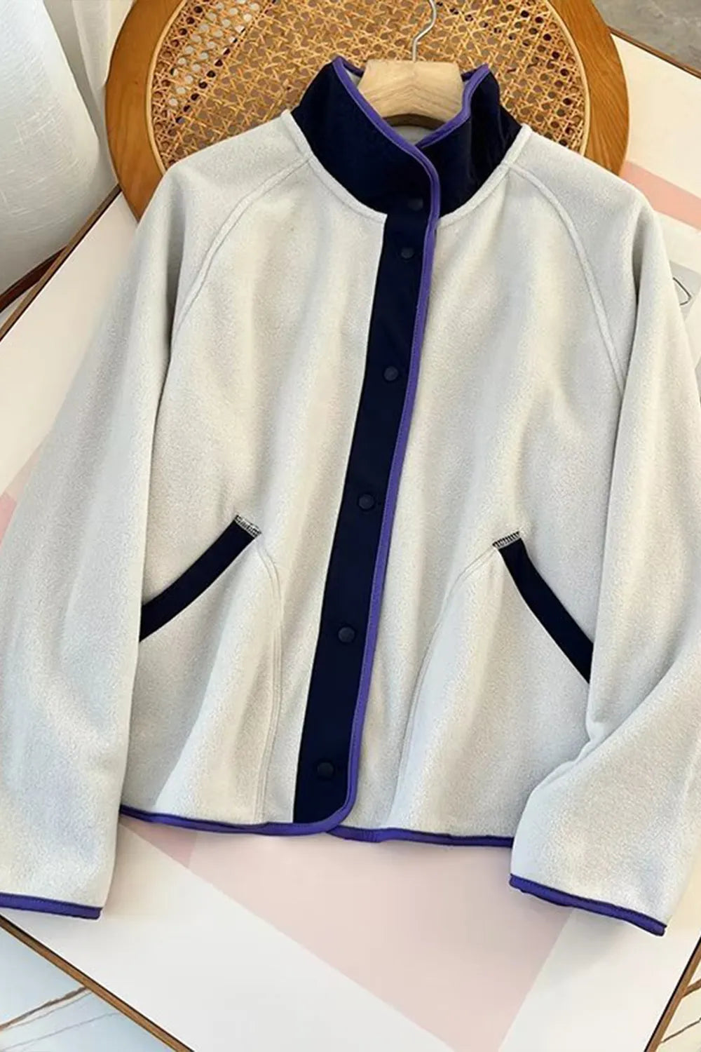 Snap Down Contrast Fleece Jacket with Pockets - Lilixa.store