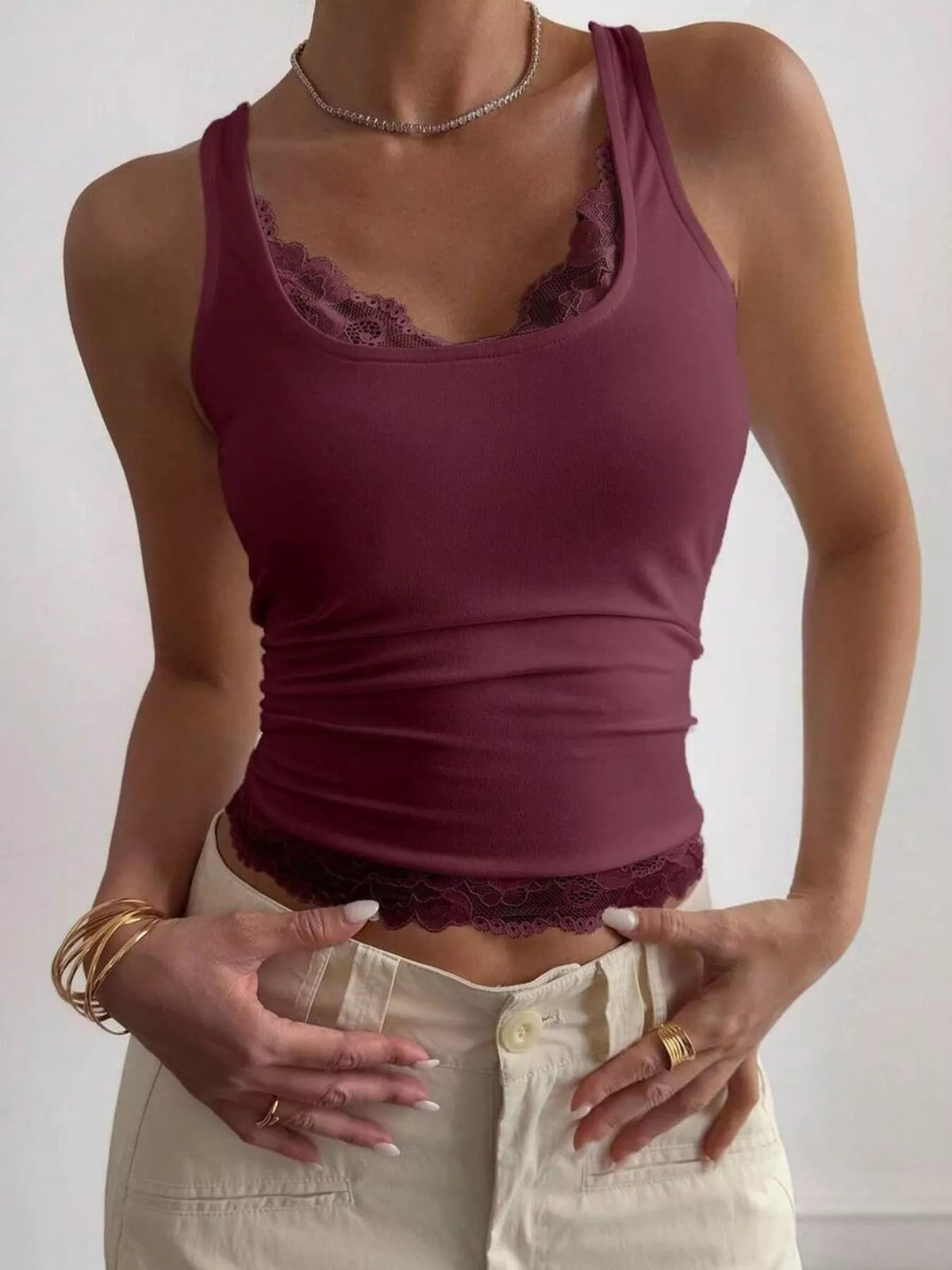 Lace Detail Wide Strap Tank - Lilixa.store