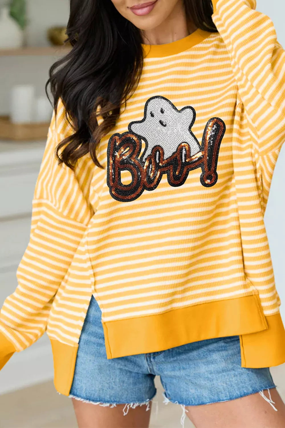 Stripe Boo Sequin Ghost Halloween Split Hem Long Sleeve Top - Lilixa.store
