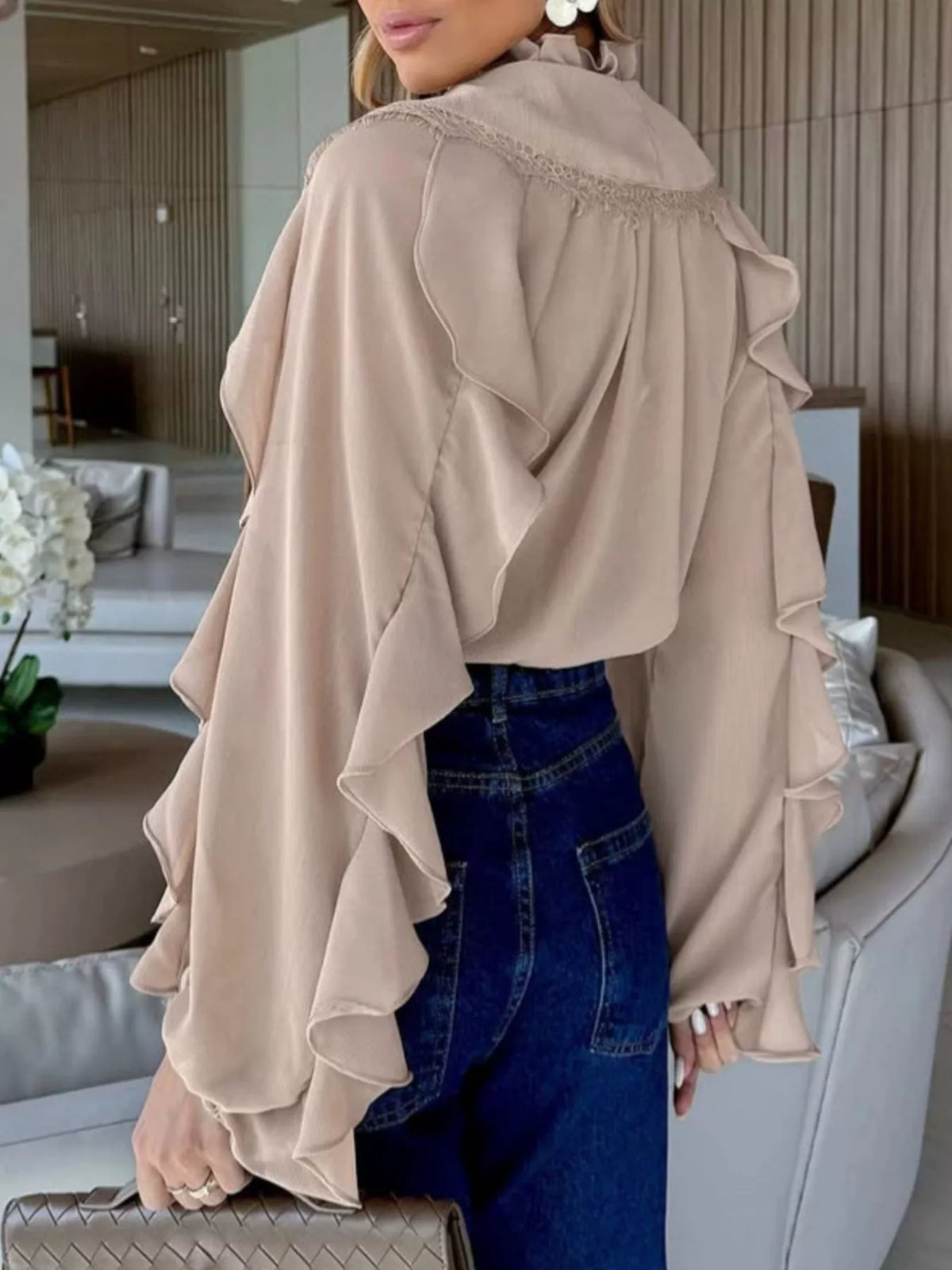 V-Neck Ruffled Lace Trim Blouse, view 7