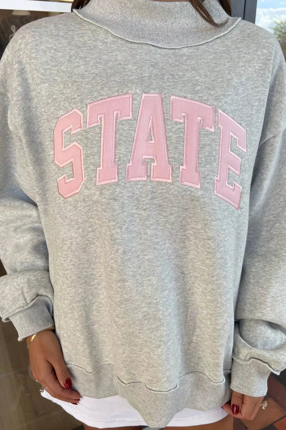 Exposed Seam Mock Neck STATE Letter Graphic Loose Sweatshirt