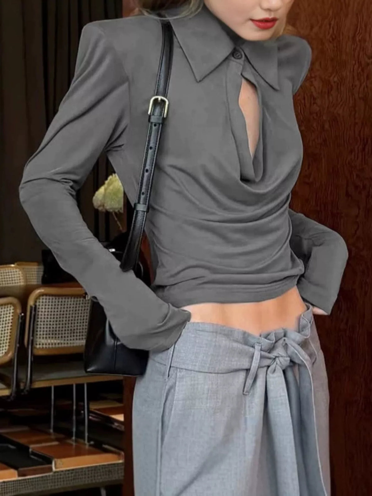 Long-Sleeve Slim-Fit T-Shirt with Cutout Detail - Lilixa.store