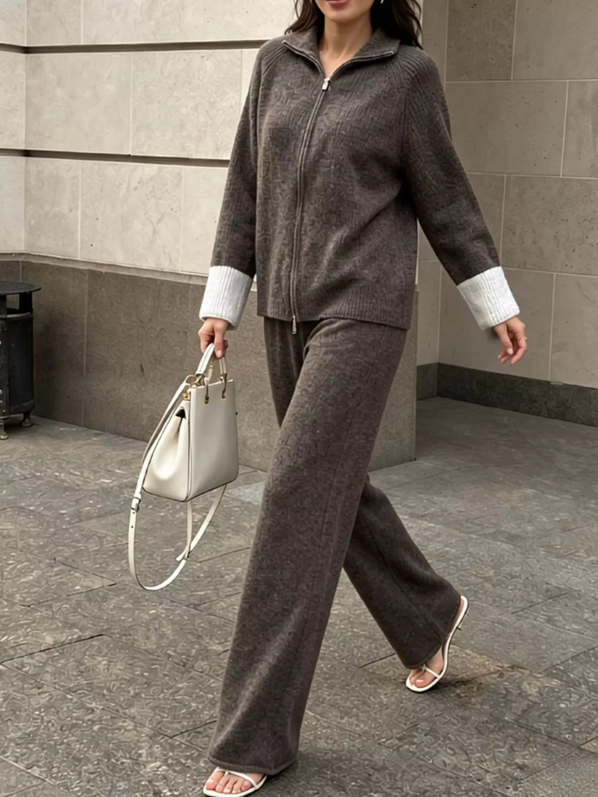 Zip-Up Contrast Cuff Cardigan and Pants Sweater Set, view 19
