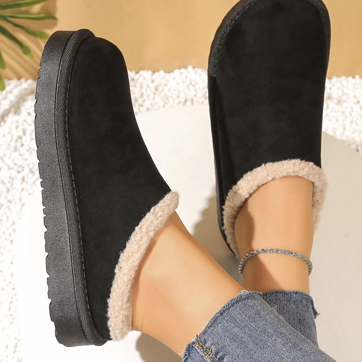 Plush Lined Round Toe Slippers - Lilixa.store