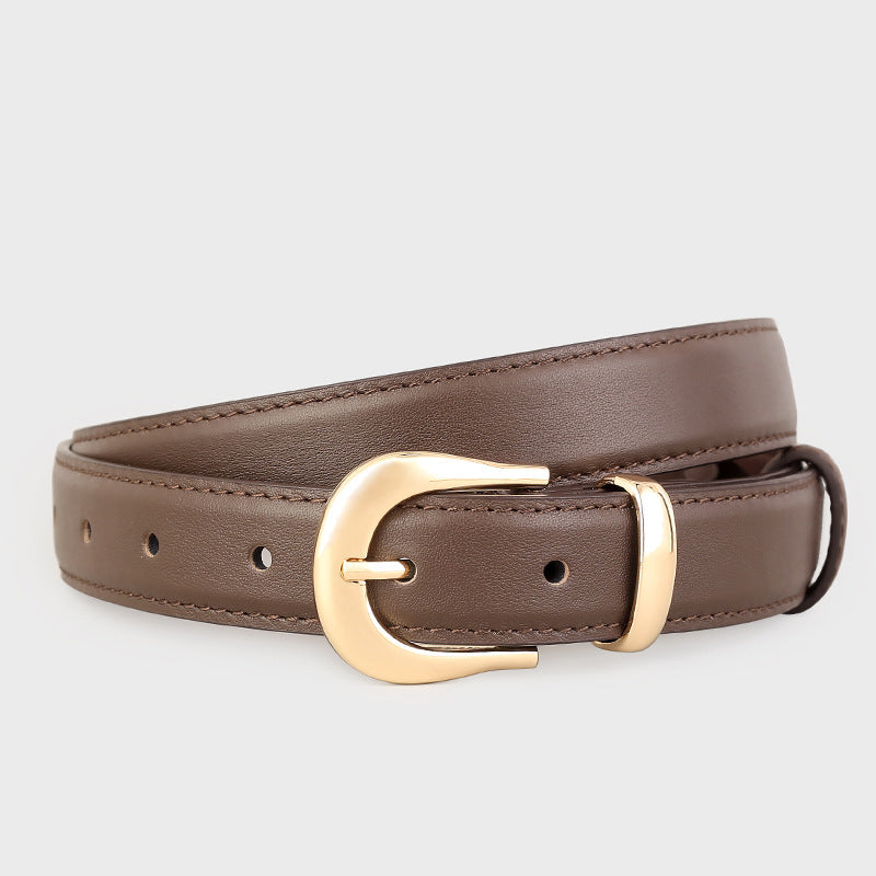 Leather Skinny Belt with Golden Buckle in Coffee Brown