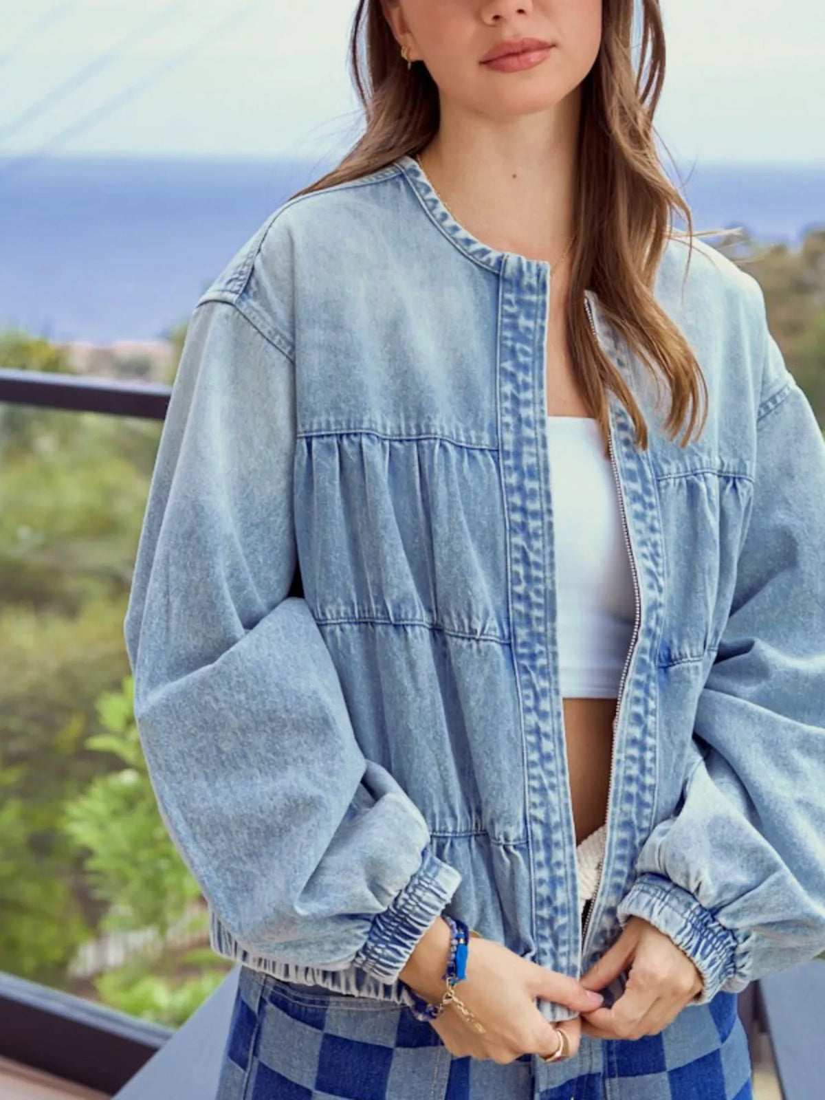 Washed Zip Up Denim Jacket, view 5