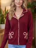 Bow Pocket Collar Long Sleeve Knit Cardigan - Lilixa.store