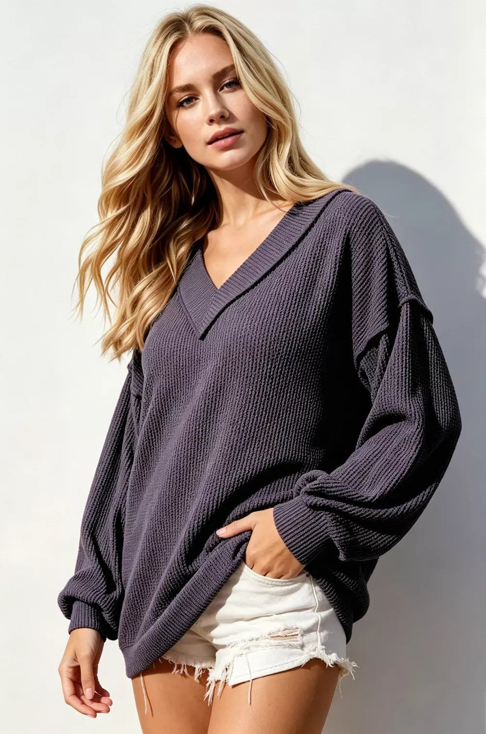 Double Take Exposed Seam Ribbed Textured V-Neck Long Sleeve T-Shirt in Purple, view 2