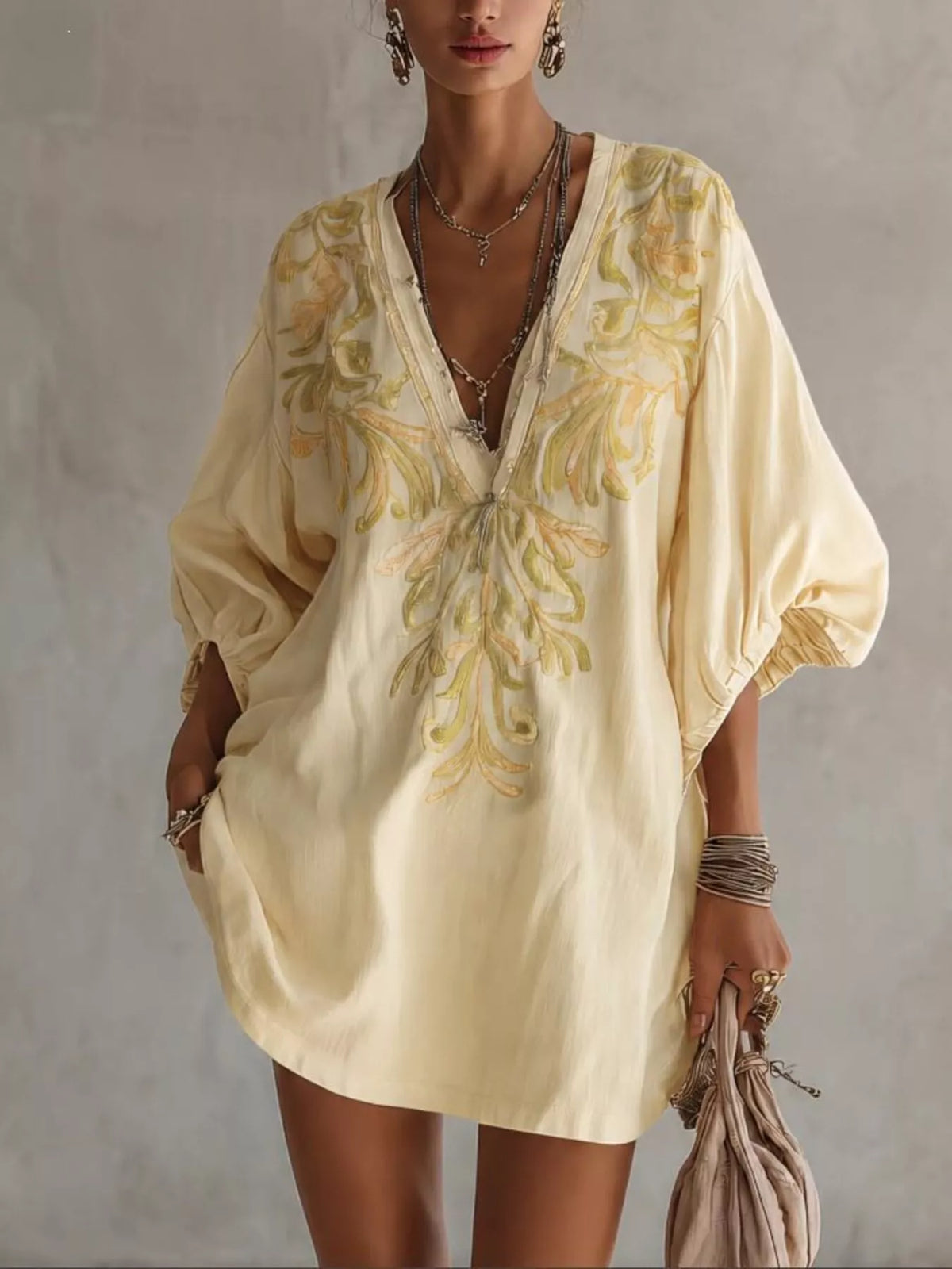 Full Size Embroidered V-Neck Mini Dress Plus Size - Lilixa.store