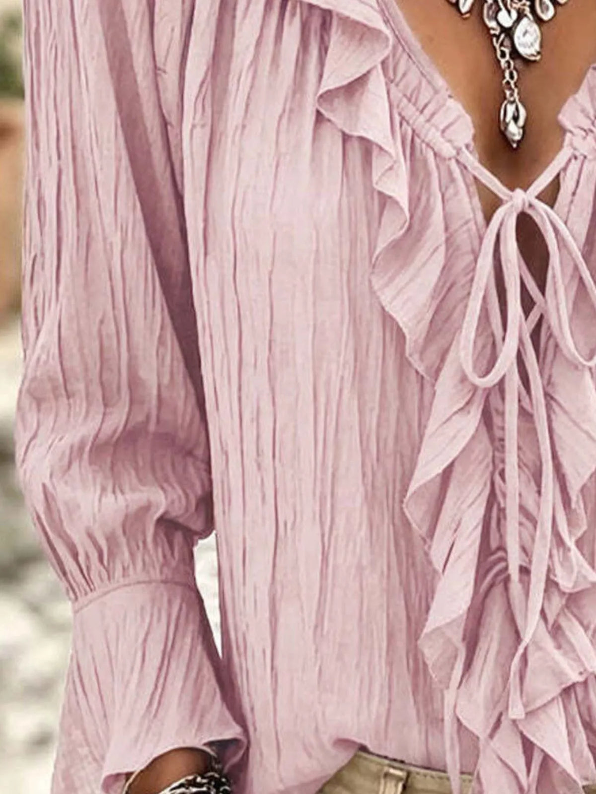 Full Size Ruffled Tie Neck Long Sleeve Blouse Plus Size