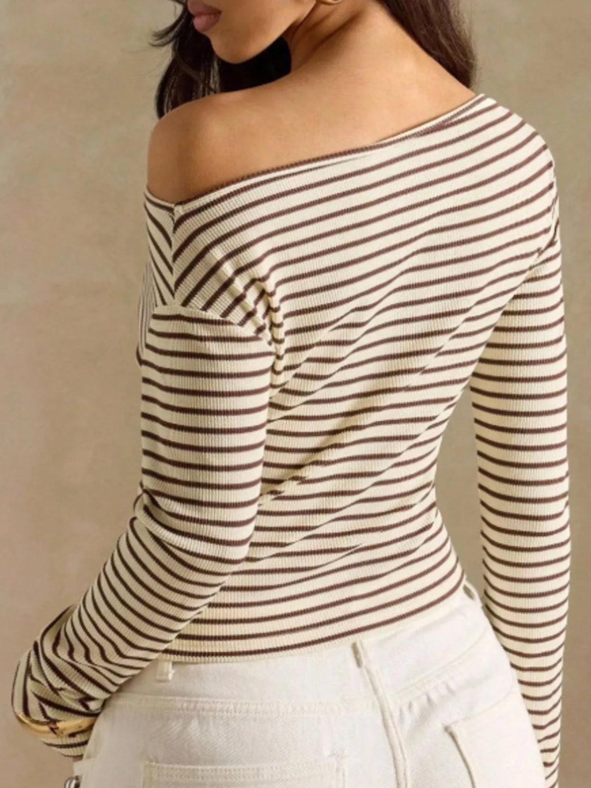 Off-Shoulder Striped Ribbed Long Sleeve T-Shirt, view 6