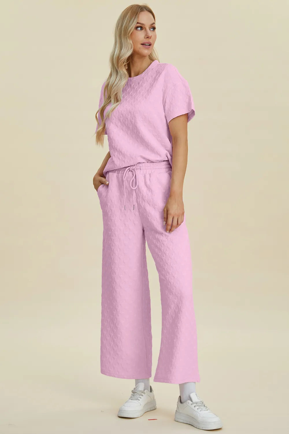Double Take Full Size Texture Round Neck Short Sleeve Top and Pants Set, view 5