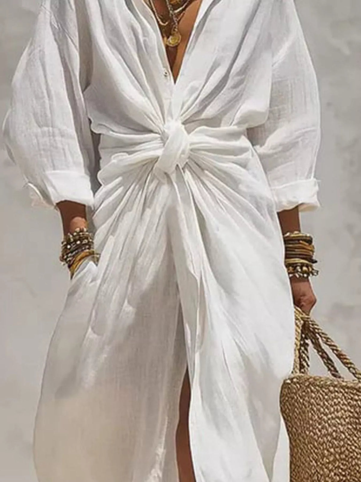 Front-Tie Maxi Shirt Dress - Lilixa.store