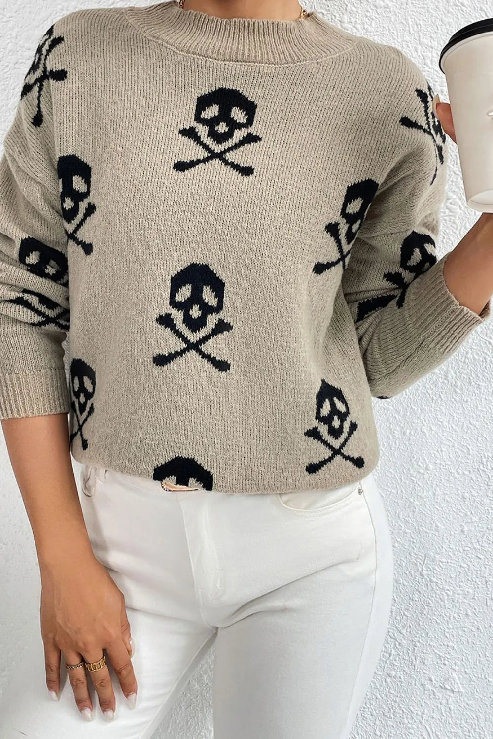 Graphic Mock Neck Dropped Shoulder Sweater - Lilixa.store