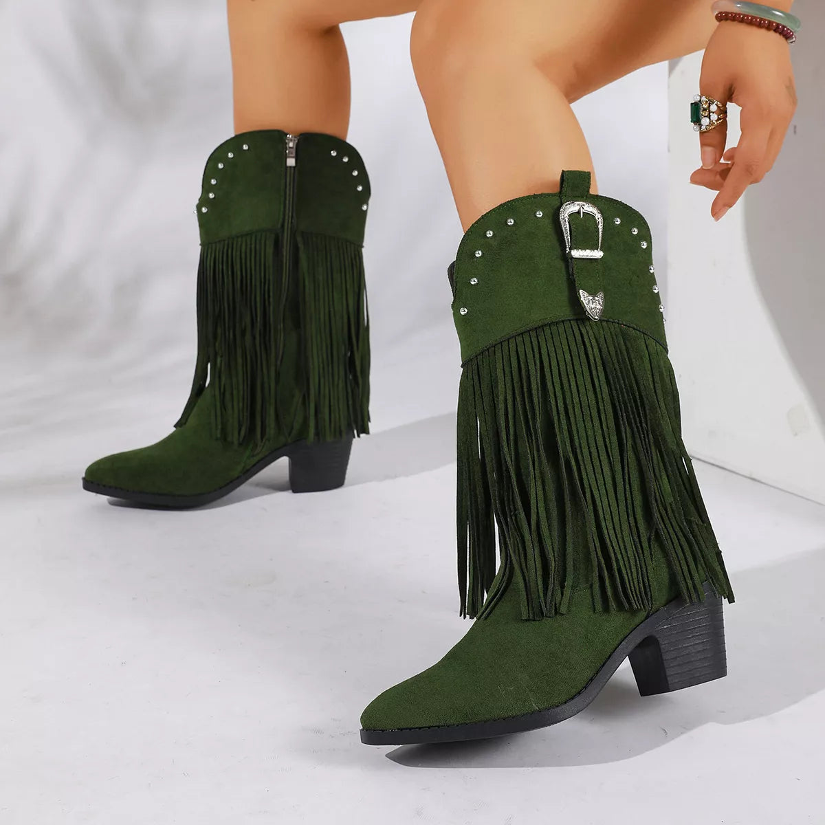 Fringe Round Toe Block Heels Boots - Lilixa.store
