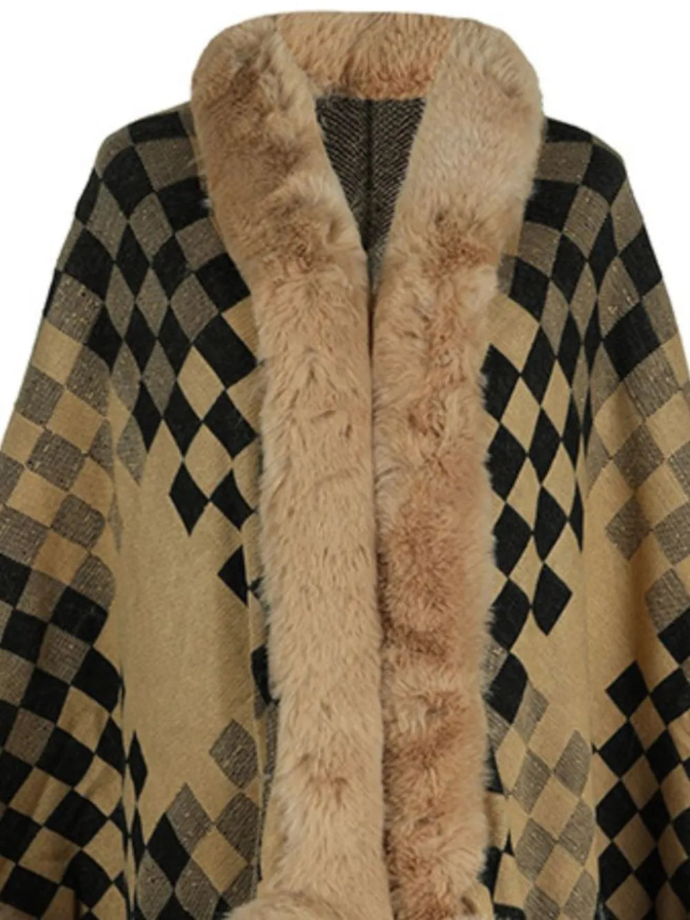 Fuzzy Checkered Long Sleeve Poncho - Lilixa.store
