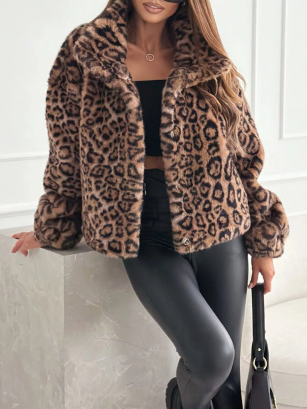 Leopard Faux Fur Cropped Jacket in Leopard Print, view 4
