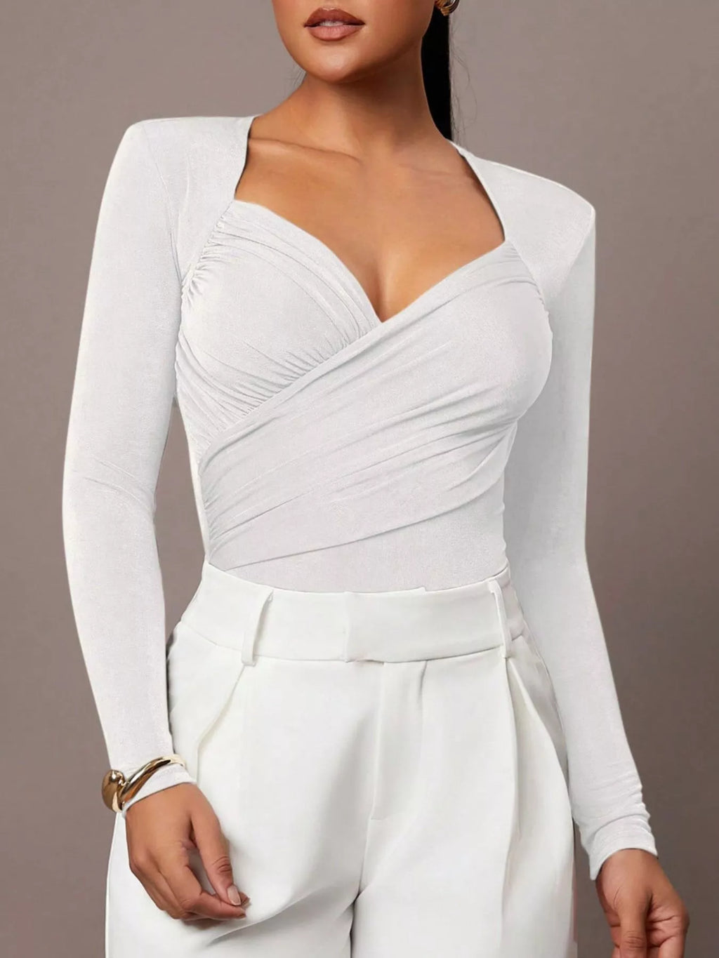 Ruched Surplice Long Sleeve Bodysuit - Lilixa.store