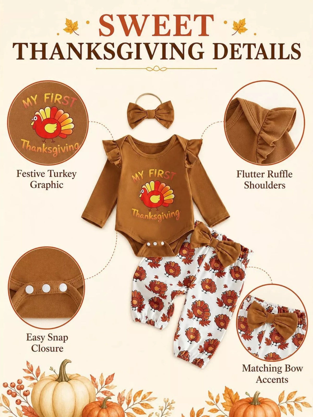 Children's 'My First Thanksgiving' Ruffle Bodysuit and Turkey Print Pants Set with Headband