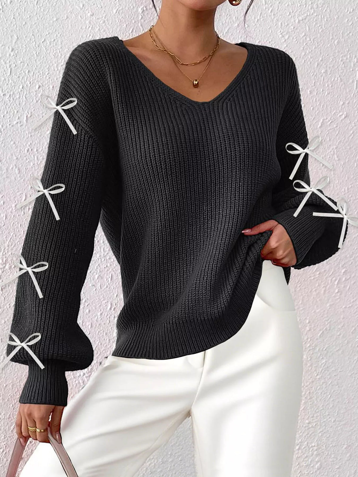 Bow-Tie Sleeve V-Neck Sweater - Lilixa.store
