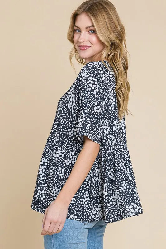 BOMBOM Floral Round Neck Peplum Blouse - Lilixa.store