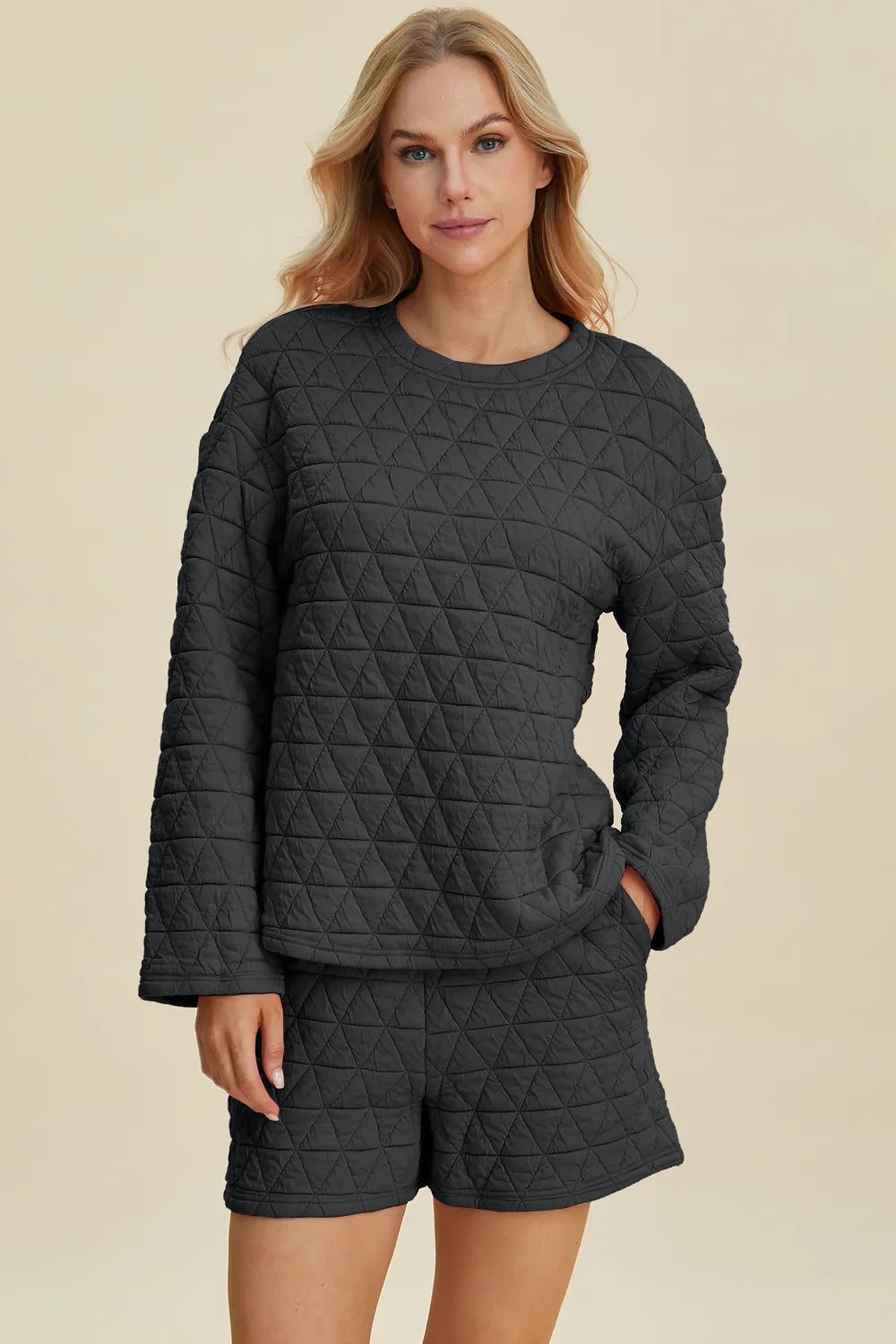 Double Take Full Size Texture Round Neck Long Sleeve Top and Shorts Set in Black