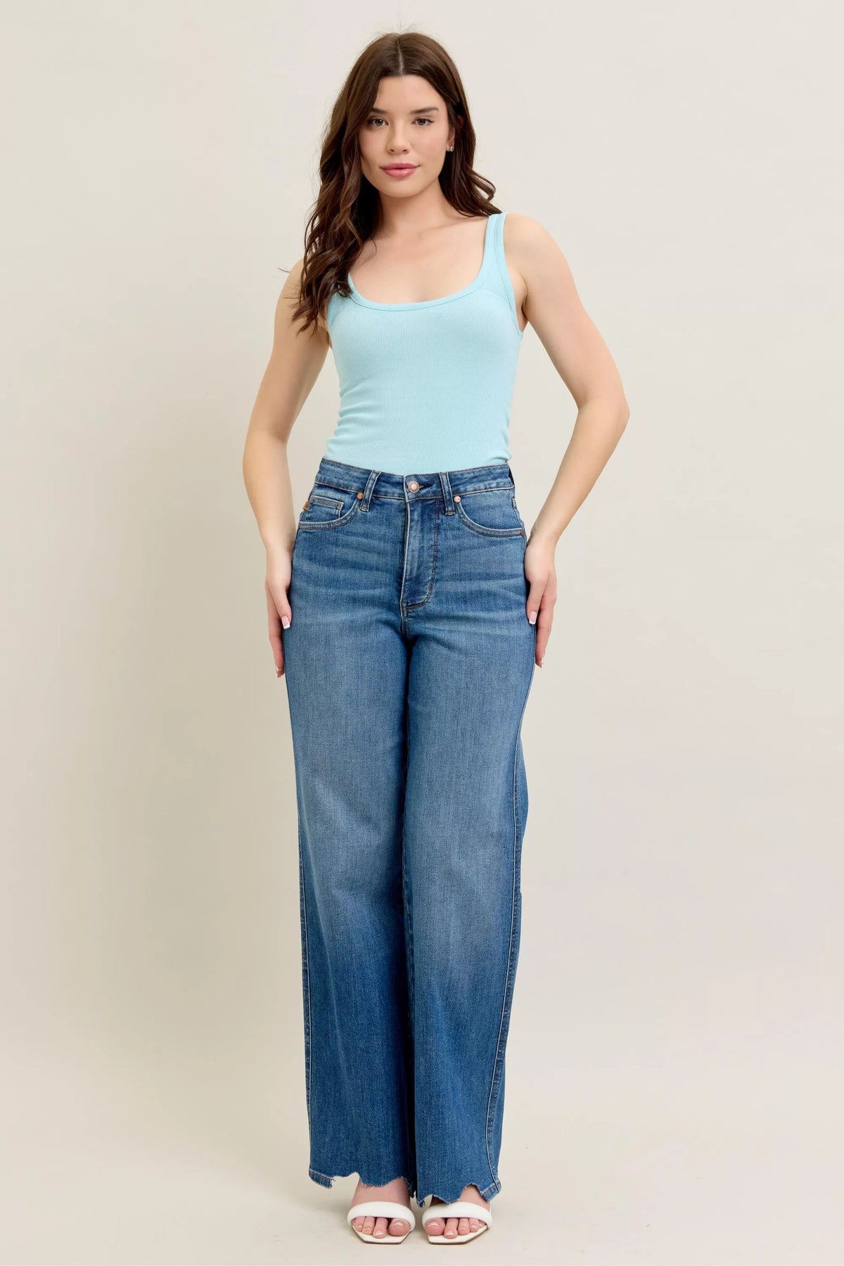 Judy Blue Full Size High Waist Tummy Control Chew Hem Destroy Wide Jeans Plus Size - Lilixa.store