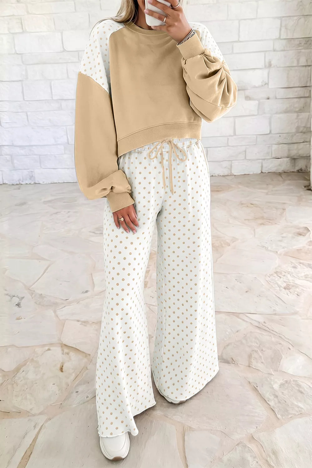 Polka Dot Patchwork Colorblock Long Sleeve Casual Two Piece Pants Set - Lilixa.store