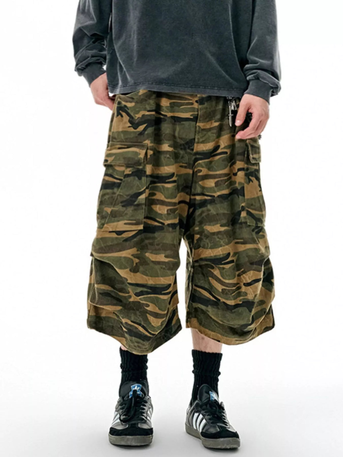 Men's Camo Cargo Culottes Shorts in Olive Brown, view 4