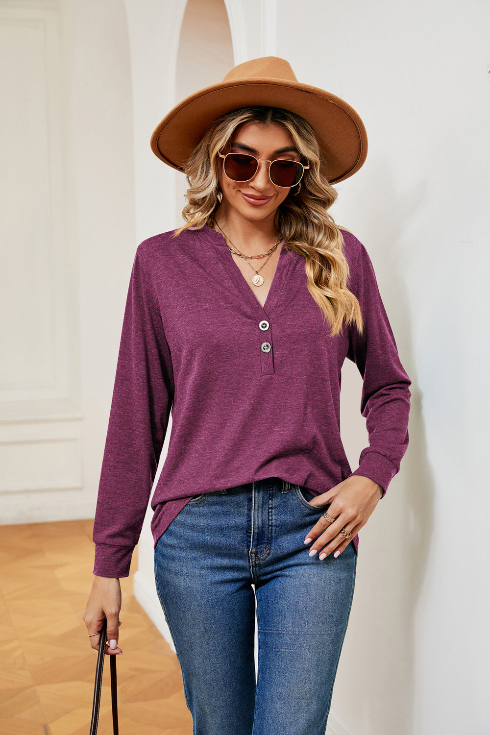 Buttoned Notched Neck Long Sleeve Top in Red-Violet