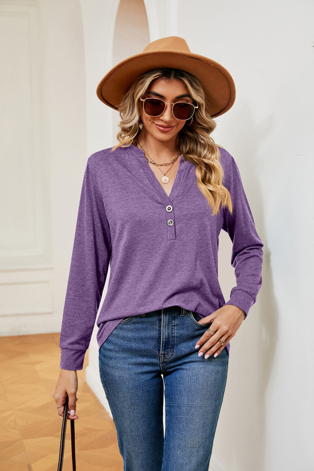Buttoned Notched Neck Long Sleeve Top in Lavender